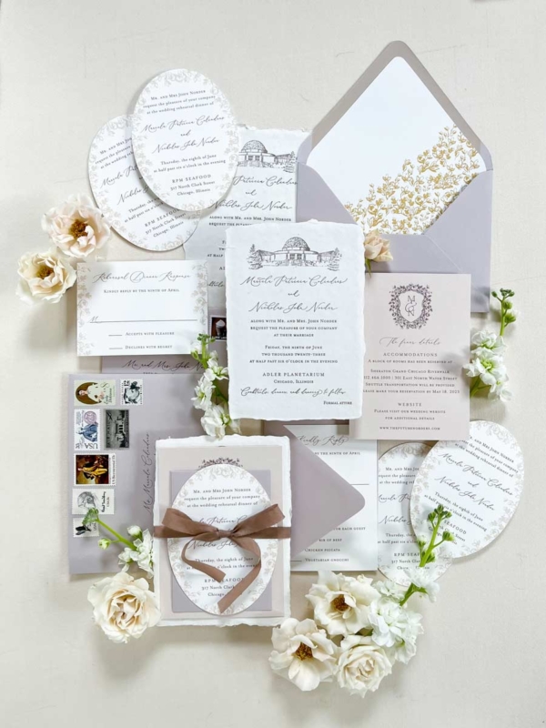 Letterpress-Adler-Planetarium-Wedding-Invitation-Handmade-paper,-gold-flowers,-oval-invitation,-Taupe,-Grey,-Nude,-Lavendar-_-Emery-Ann-Design