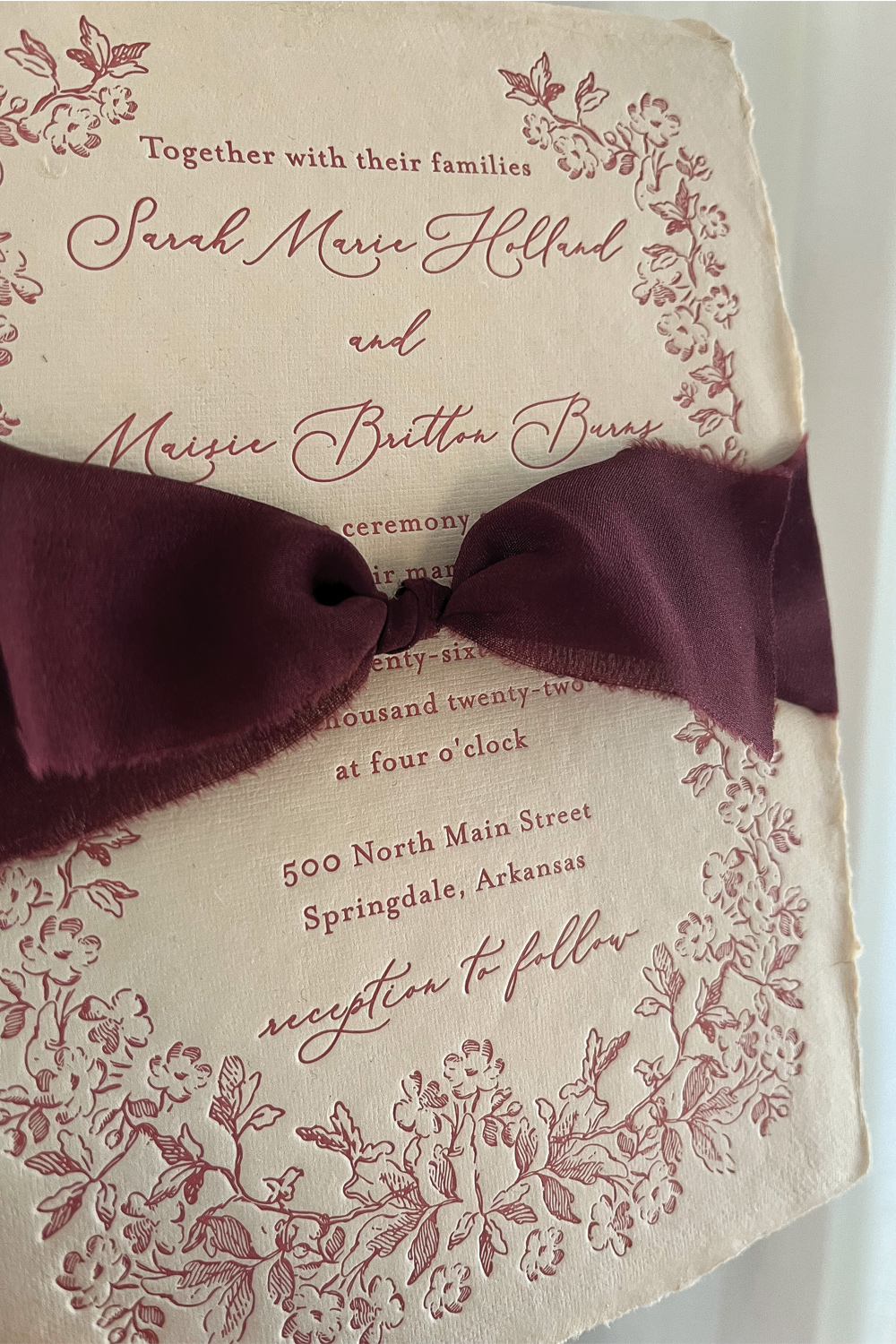 Letterpress-invitation-on-blush-handmade-paper-with-burgundy-silk-ribbon | Emery Ann Design