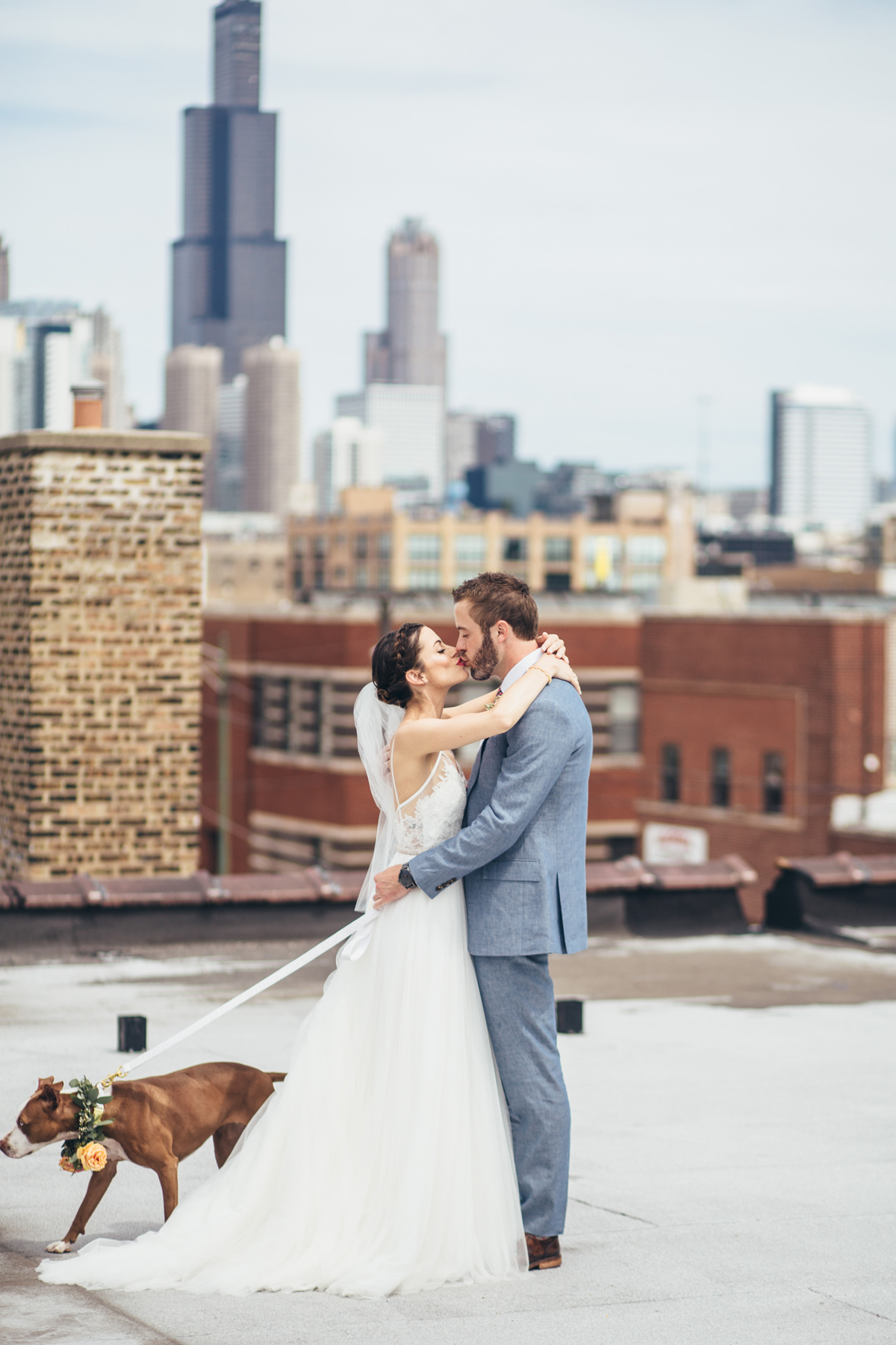 Bride and Groom First Look with Dog Chicago Skyline
