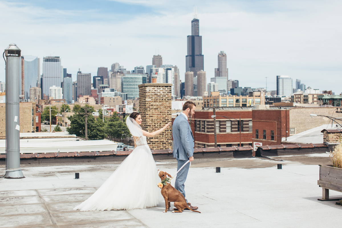 Bride and Groom First Look with Dog Chicago Skyline
