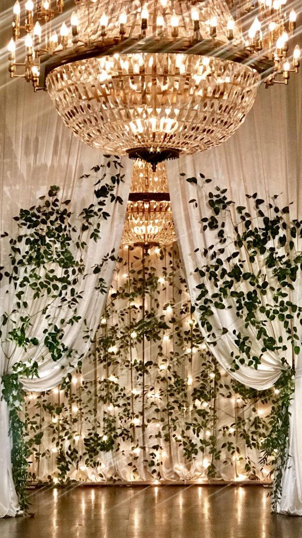 Drapery with fresh greenery + globe lights