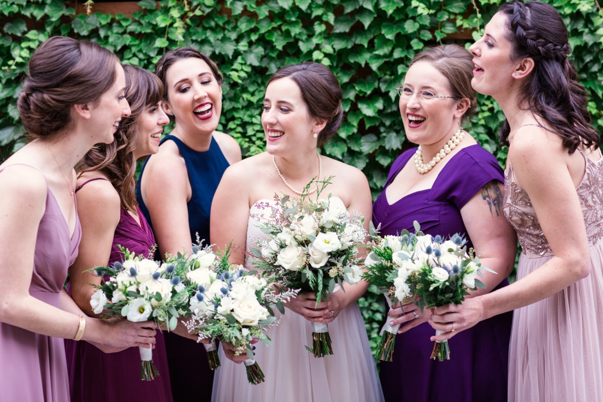 Bridesmaids in Pink and Purple Dresses
