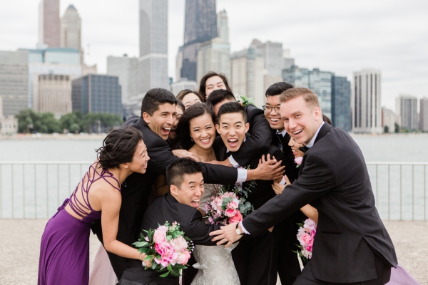 Wedding Party with Chicago Skyline