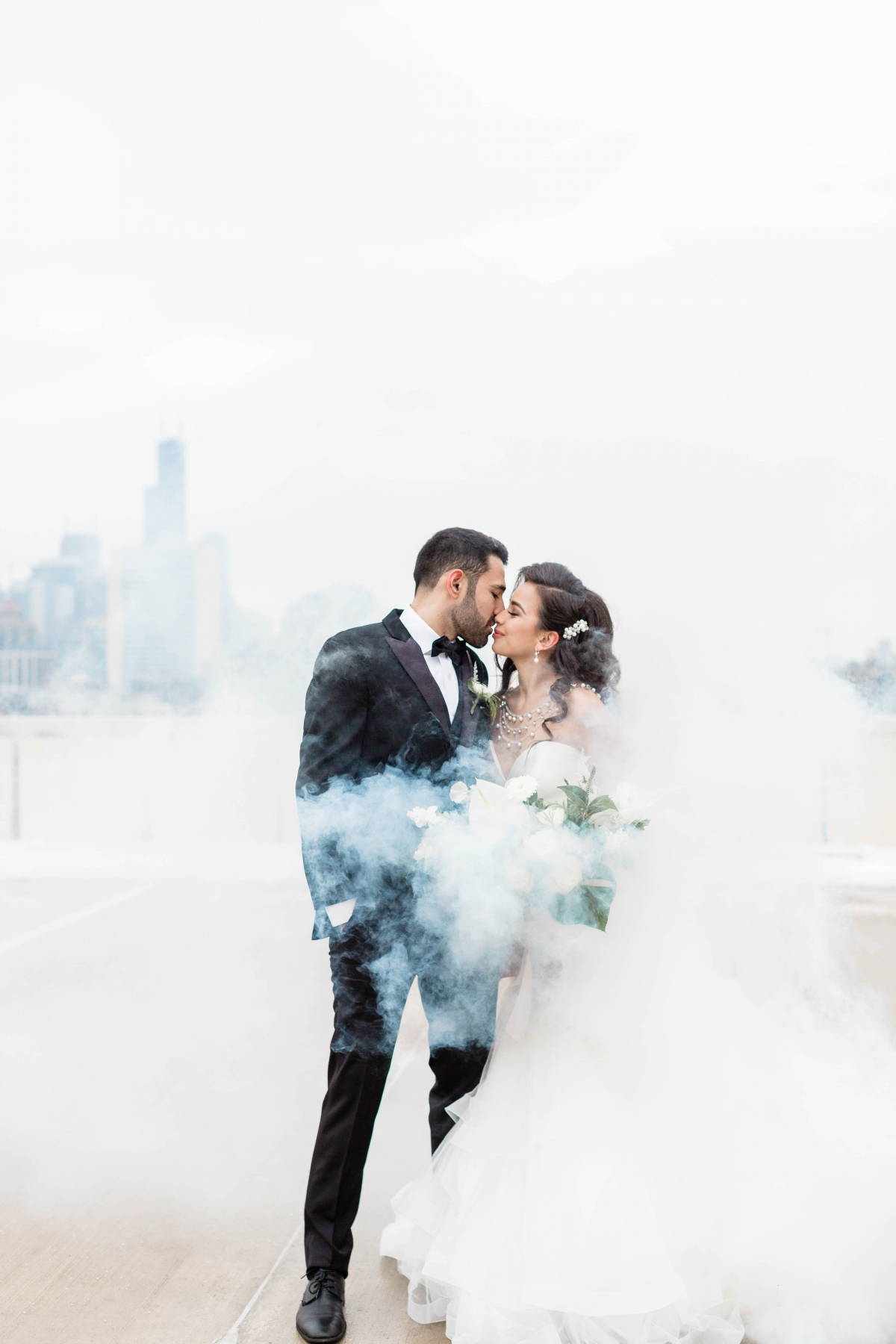 Bride and Groom Chicago Rooftop Smoke Bomb
