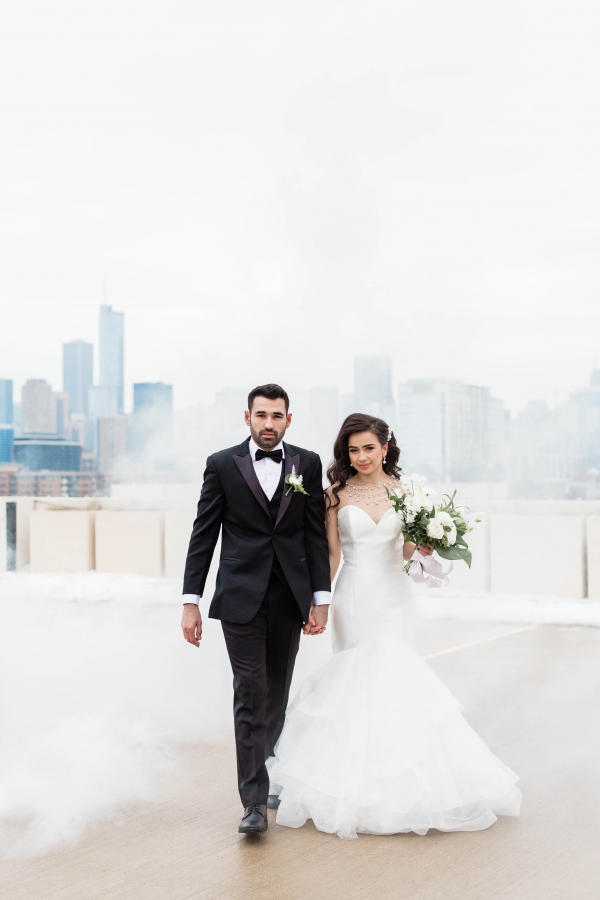 Bride and Groom Chicago Rooftop Smoke Bomb