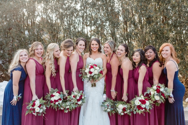 Bridesmaids in Cranberry and Navy