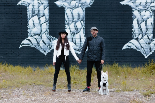 Black and White Engagement Shoot in Humboldt Park with Hiro the Dog