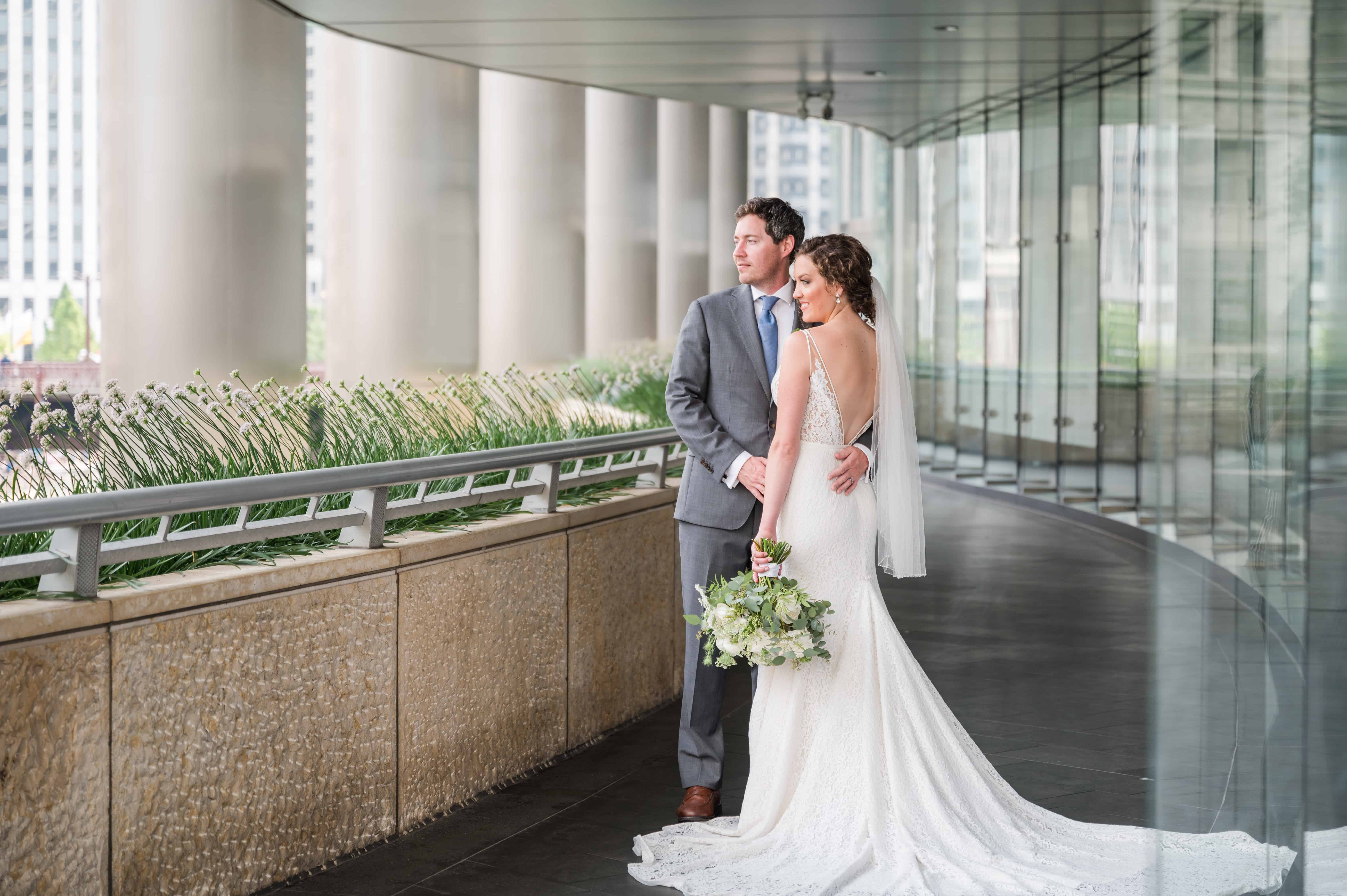 Chicago Wedding Portrait of Bride and Groom in Downtown Chicago.