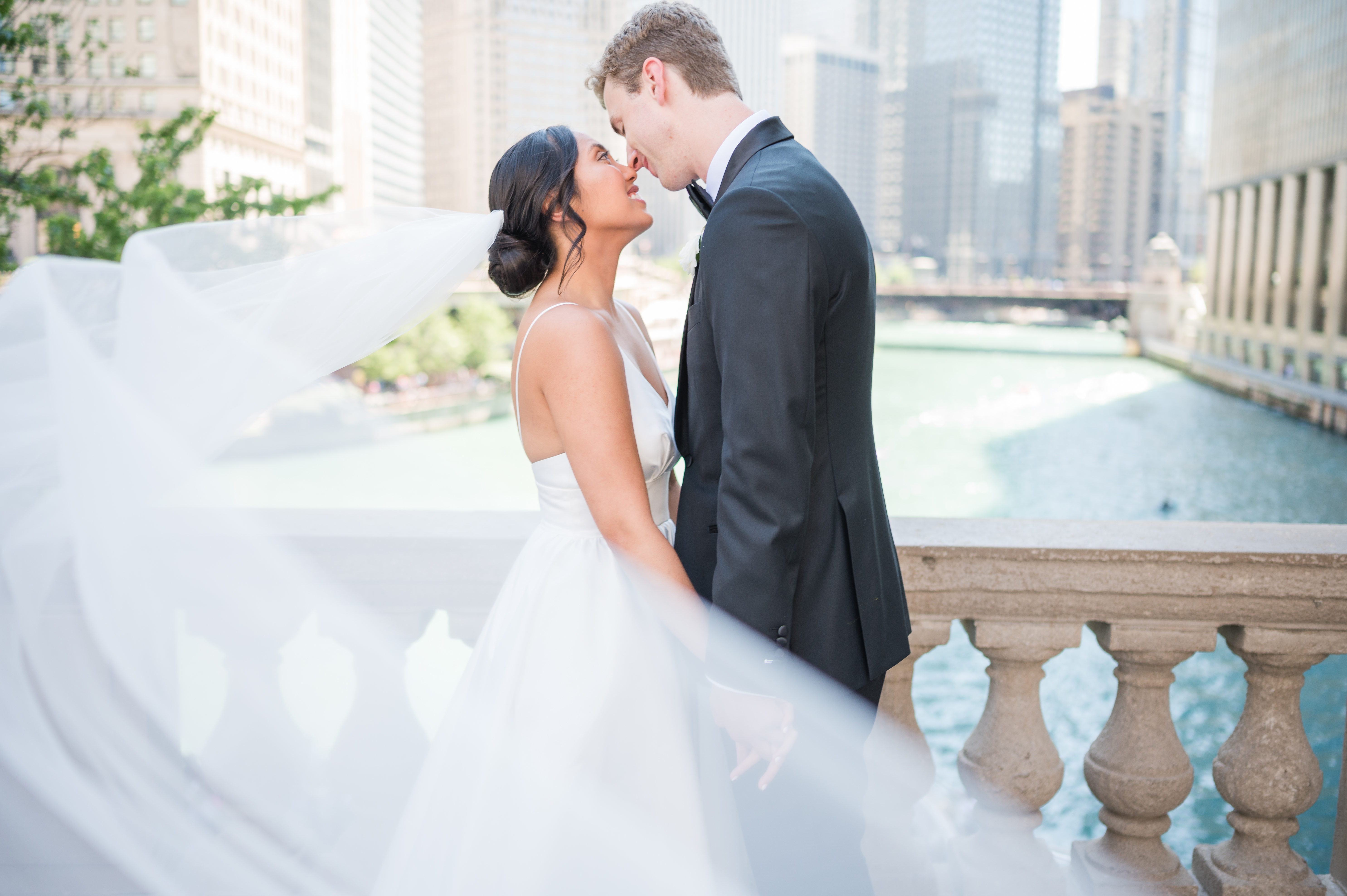 Bride and Groom portrait at Wrigley building in downtown Chicago