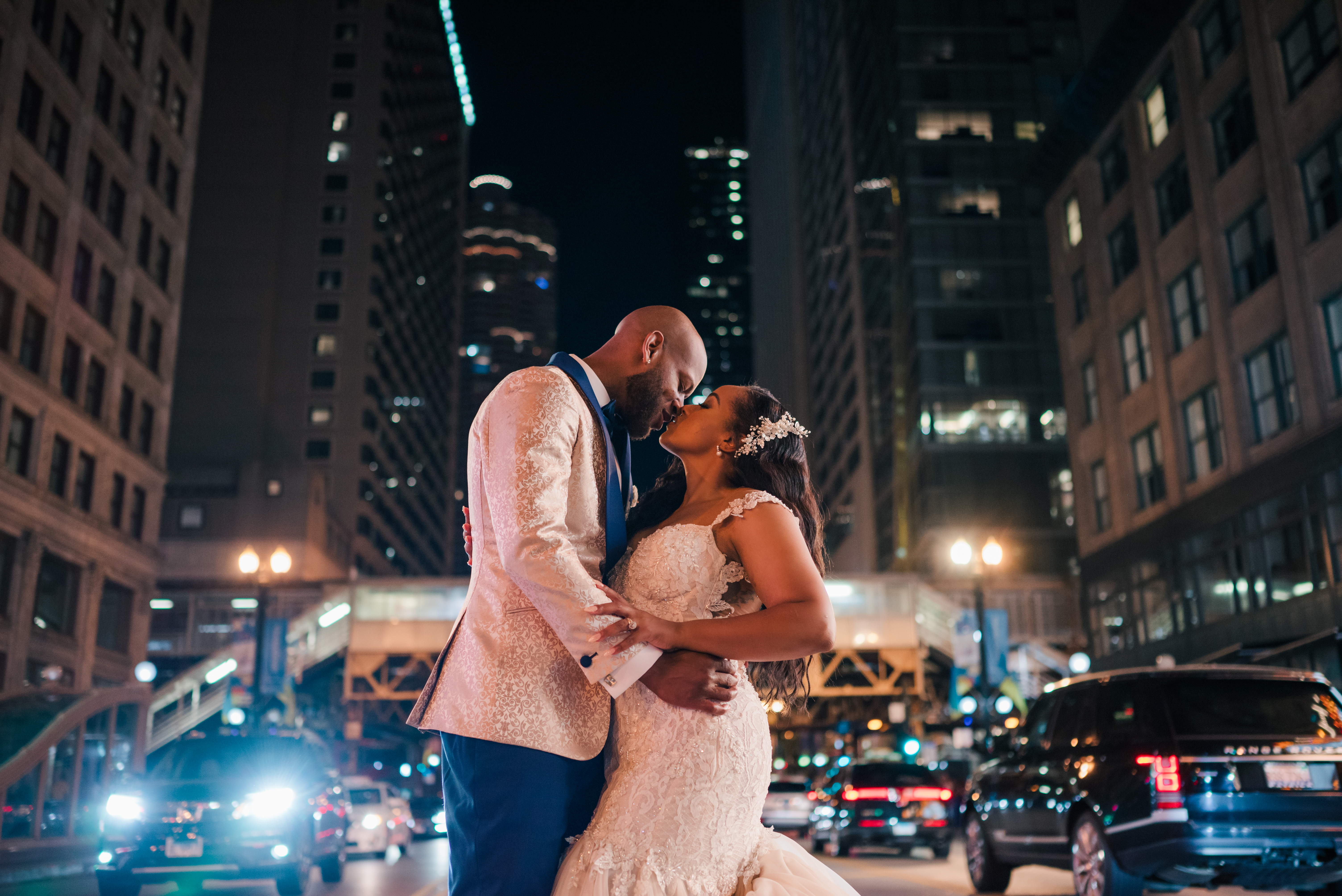 Downtown Chicago wedding portrait at night.